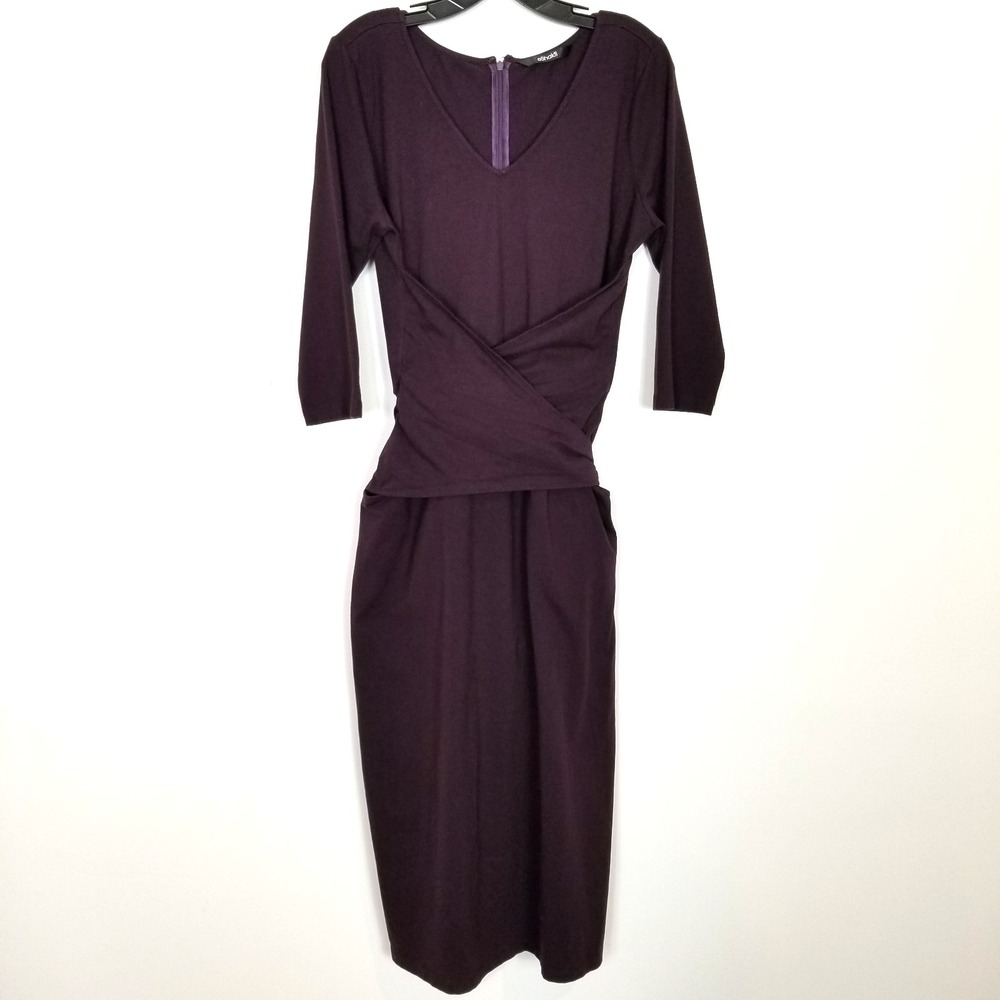 eShakti Women Wrap Tie Sheath Midi Dress Sz 10 Burgundy 3/4 Sleeve Classic